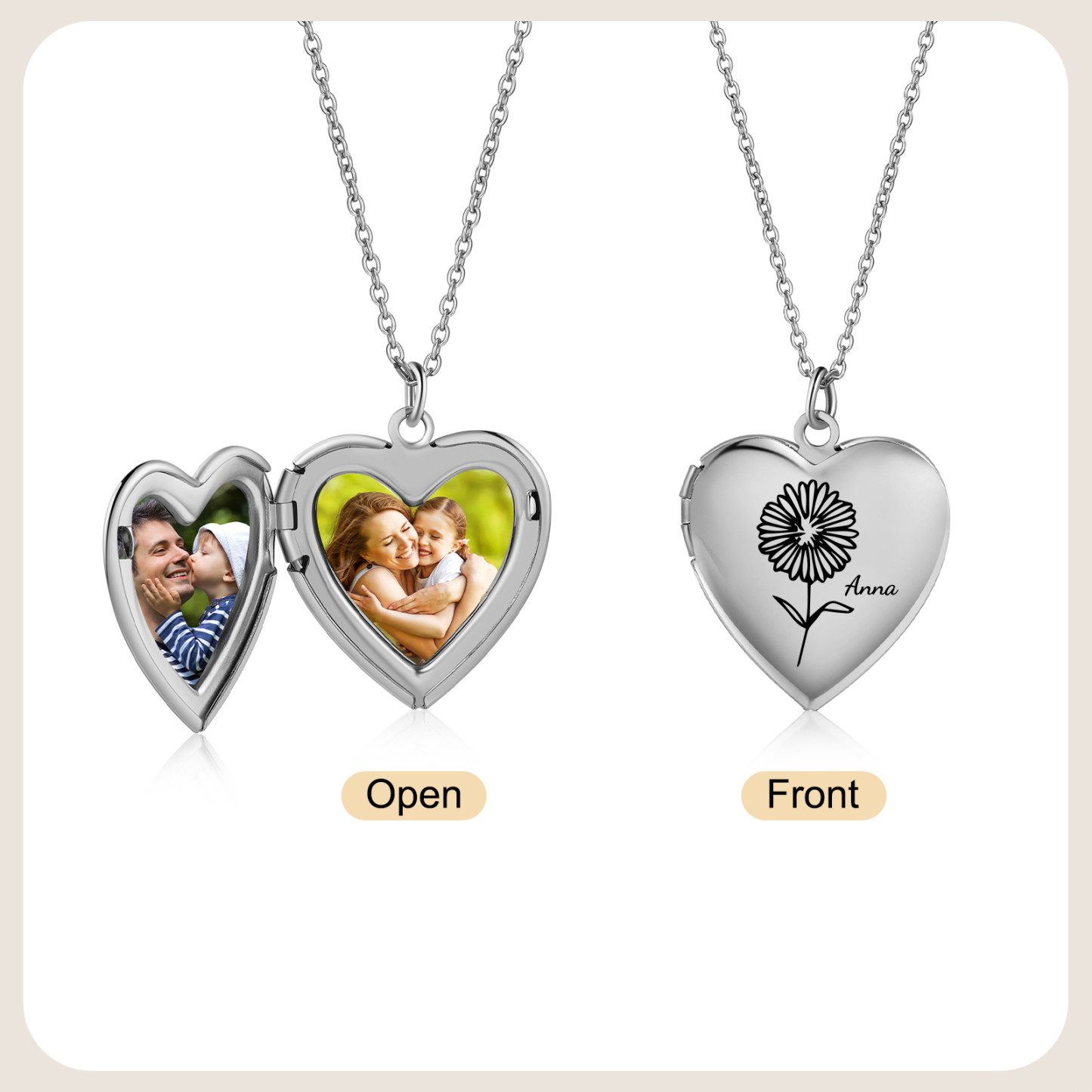 Personalized Heart Pendant Necklace Custom 2 Photos & 1 Birth Flower Gift for Ladies Girls | Jessemade