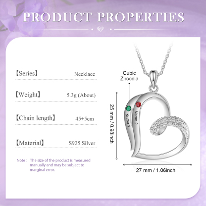 Personalized Heart Necklace with 2 Names & Birthstones A Thoughtful Gift for Her