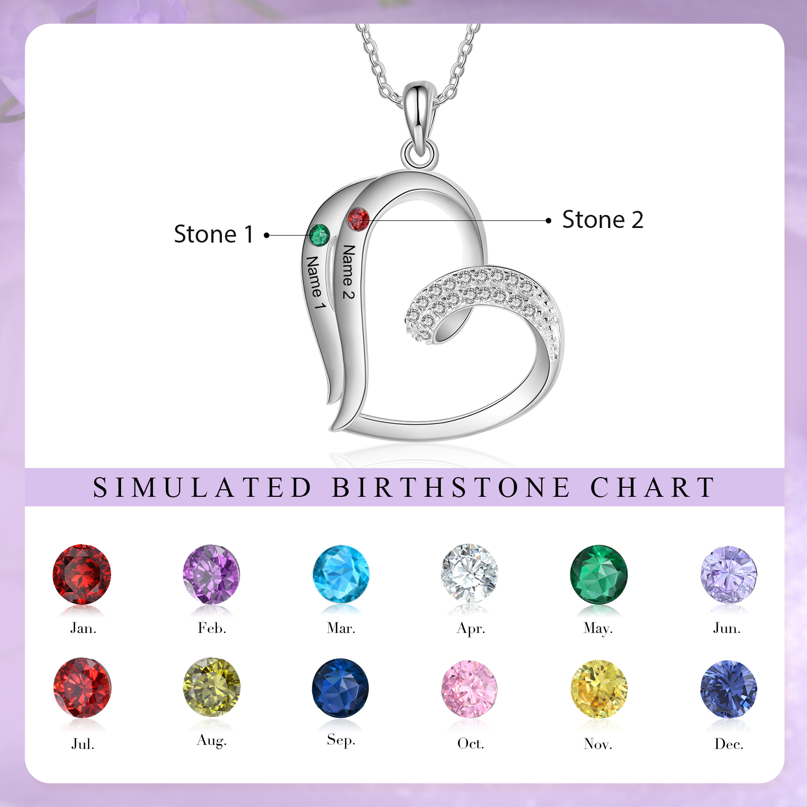 Personalized Heart Necklace with 2 Names & Birthstones A Thoughtful Gift for Her