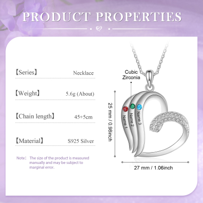 Personalized Heart Necklace with 3 Names & Birthstones A Thoughtful Gift for Her