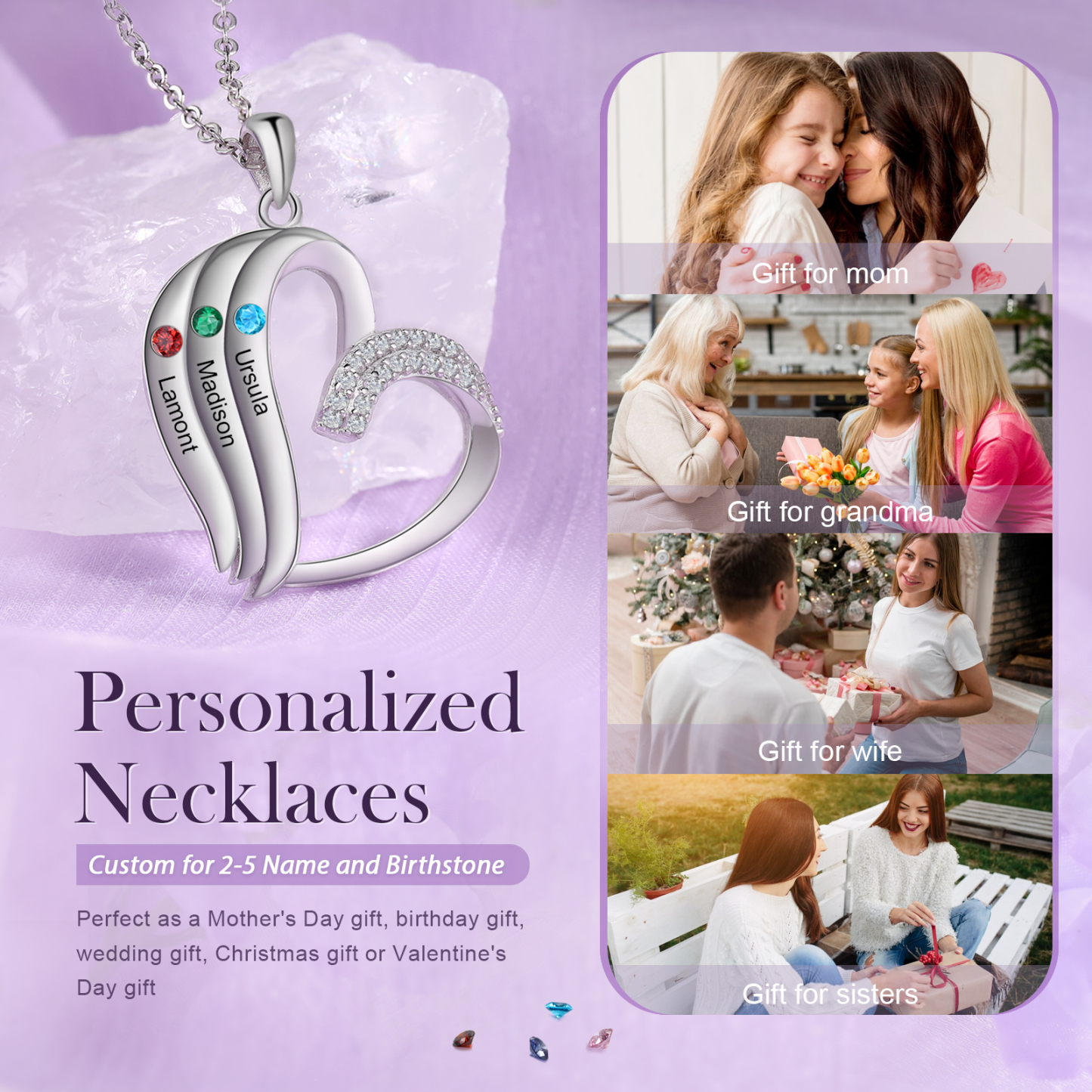 Personalized Heart Necklace with 3 Names & Birthstones A Thoughtful Gift for Her