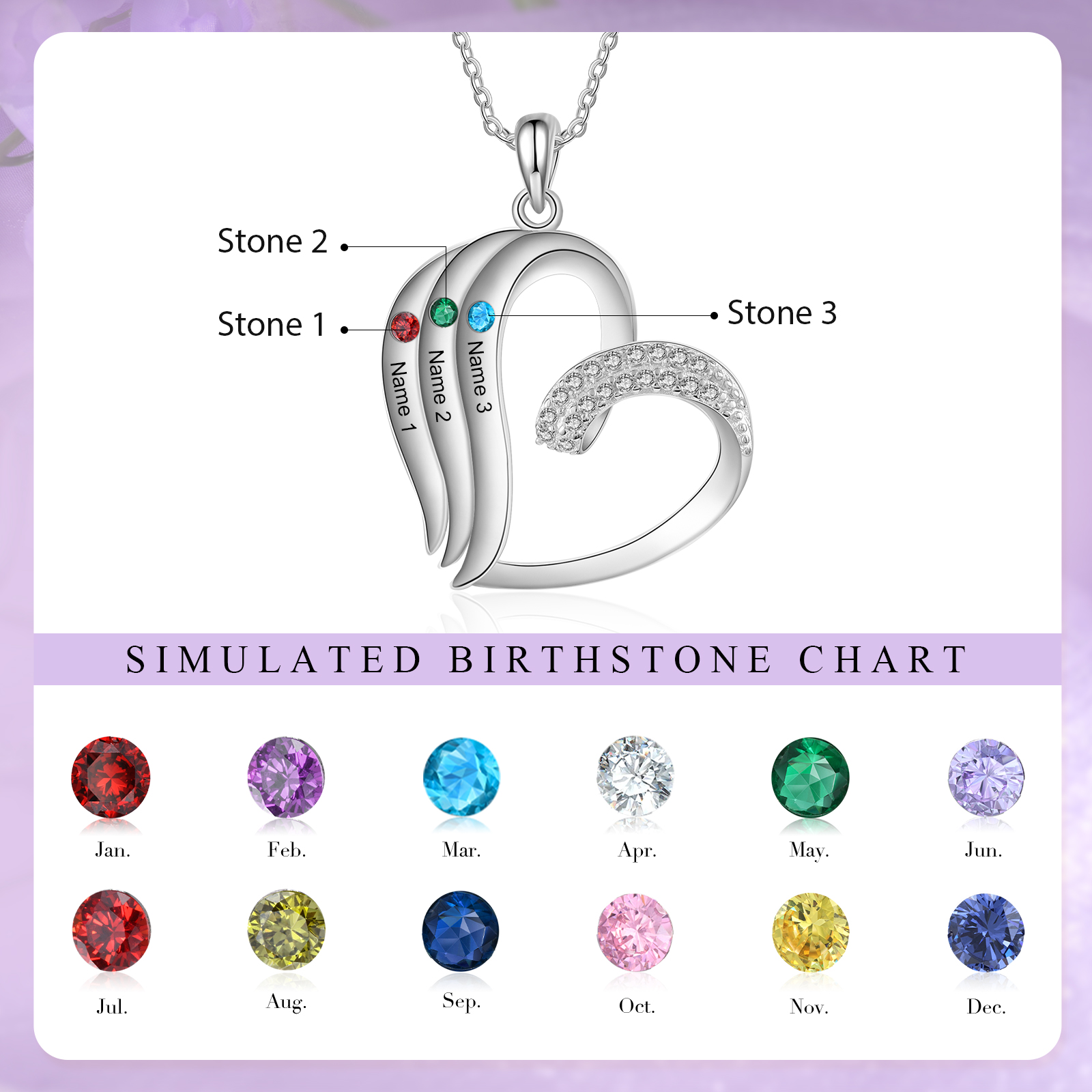 Personalized Heart Necklace with 3 Names & Birthstones A Thoughtful Gift for Her