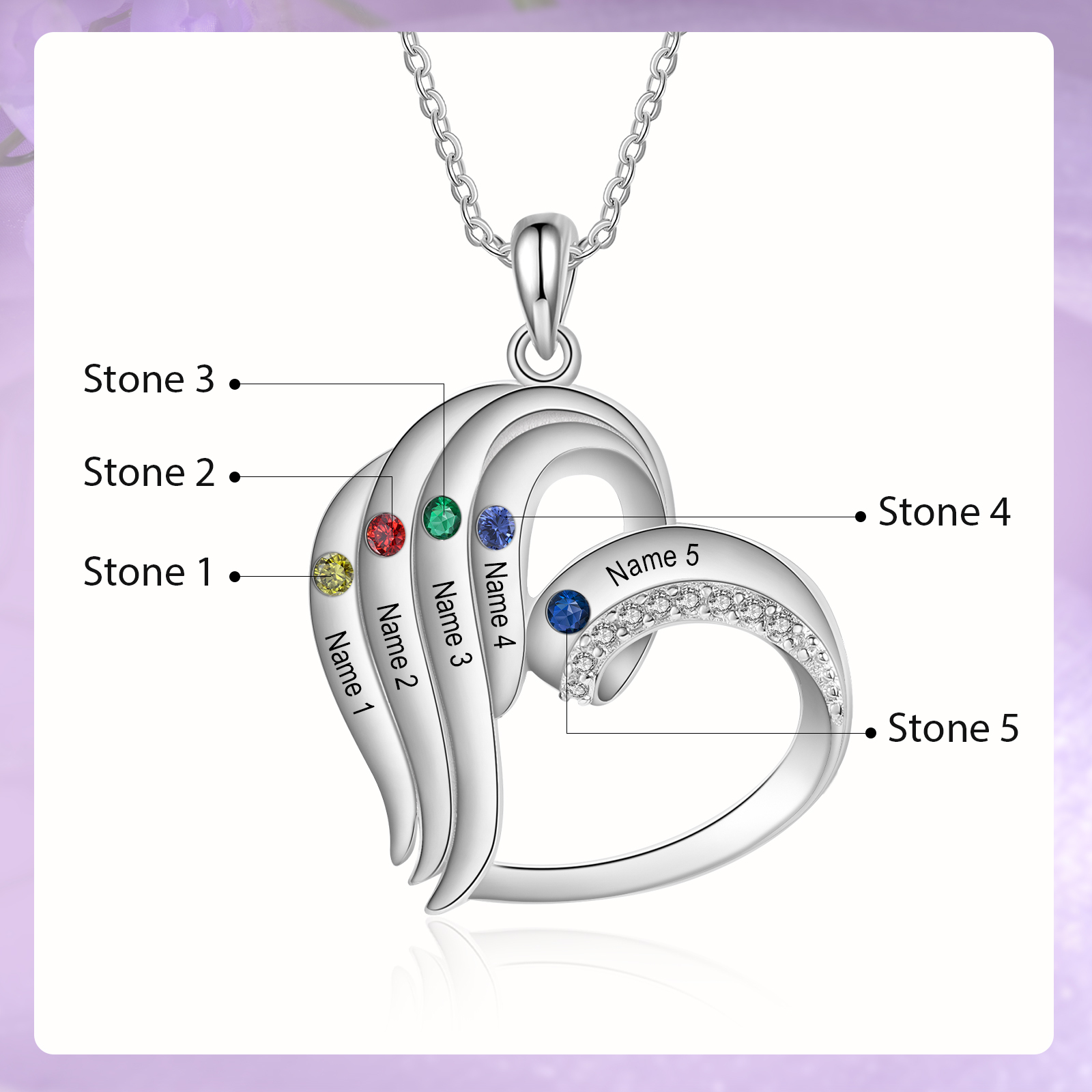 Personalized Heart Necklace with 5 Names & Birthstones A Thoughtful Gift for Her