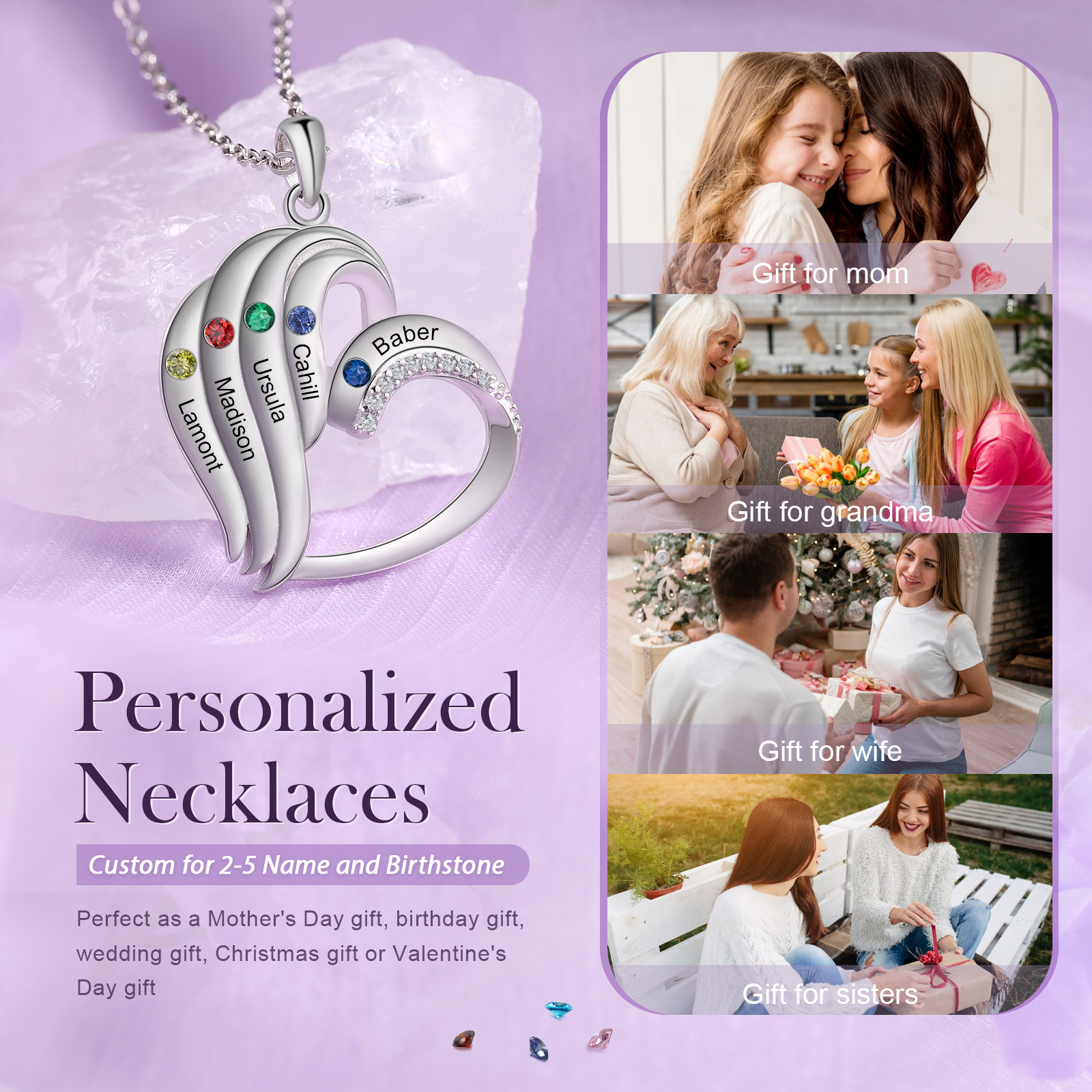 Personalized Heart Necklace with 5 Names & Birthstones A Thoughtful Gift for Her