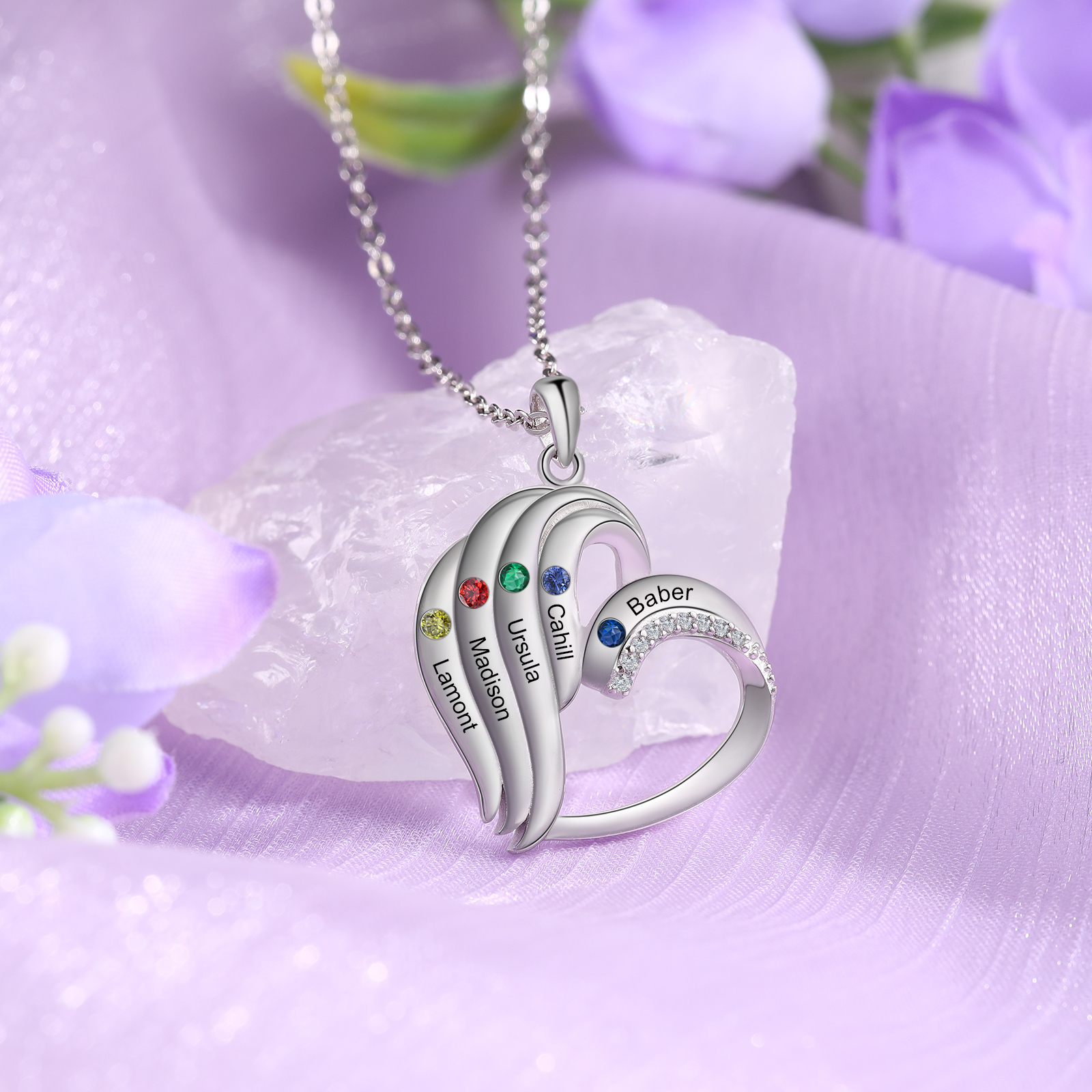 Personalized Heart Necklace with 5 Names & Birthstones A Thoughtful Gift for Her