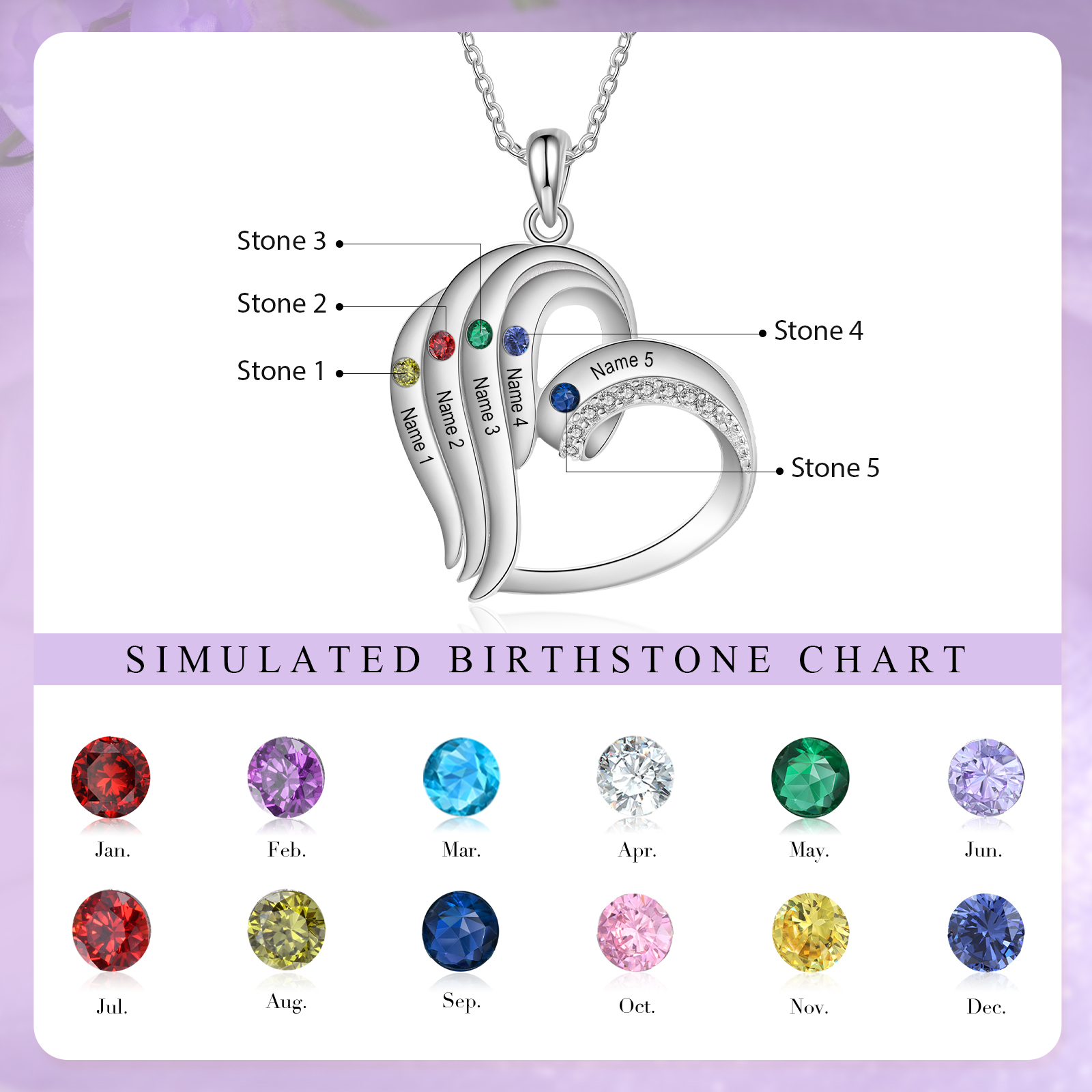Personalized Heart Necklace with 5 Names & Birthstones A Thoughtful Gift for Her