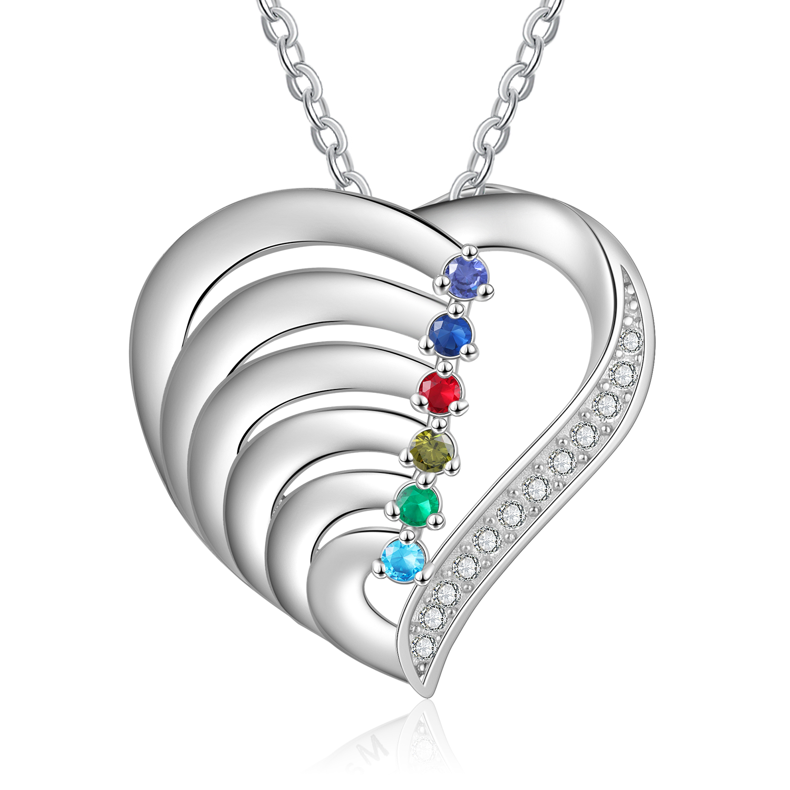 Personalized 6 Names & 6 Birthstones Necklace Custom Heart Pendant Women's Necklace