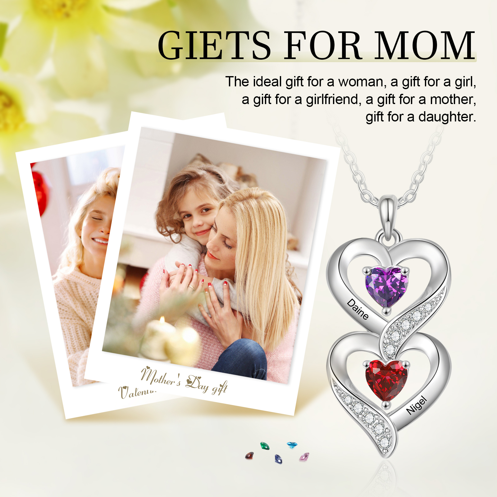 Personalized Mothers Pendant Necklace with 2-5 Heart Simulated Birthstone Custom Engraved Family Name Necklace for Women Mom Christmas