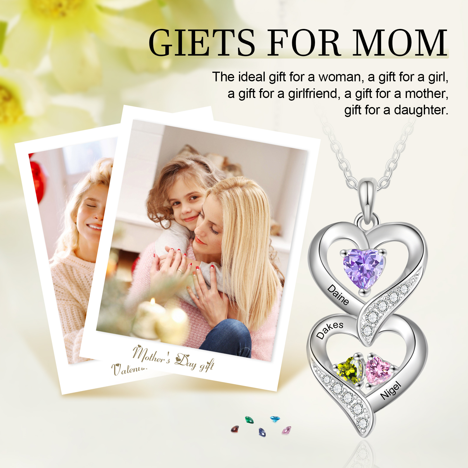 Personalized Mothers Pendant Necklace with 2-5 Heart Simulated Birthstone Custom Engraved Family Name Necklace for Women Mom Christmas