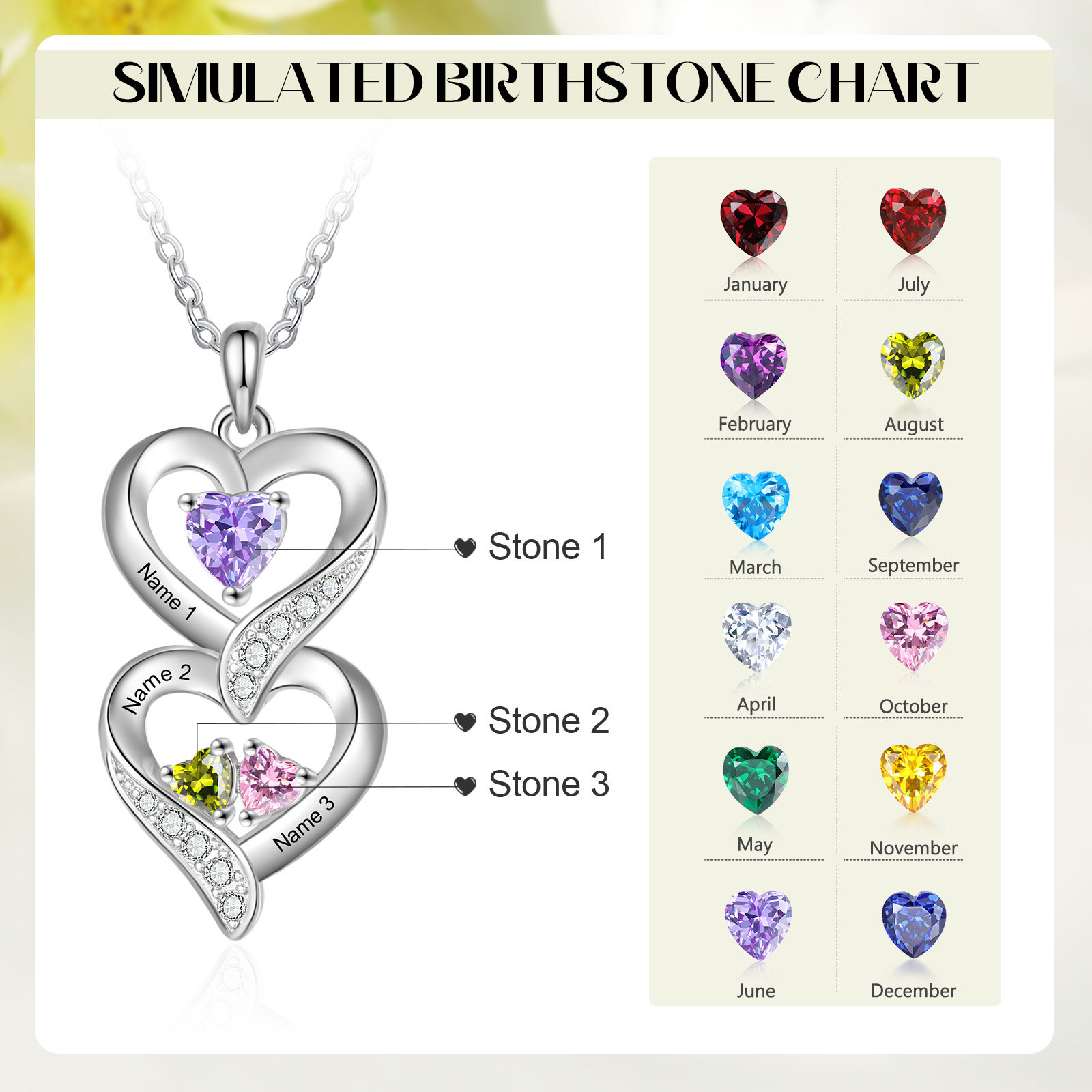 Personalized Mothers Pendant Necklace with 2-5 Heart Simulated Birthstone Custom Engraved Family Name Necklace for Women Mom Christmas