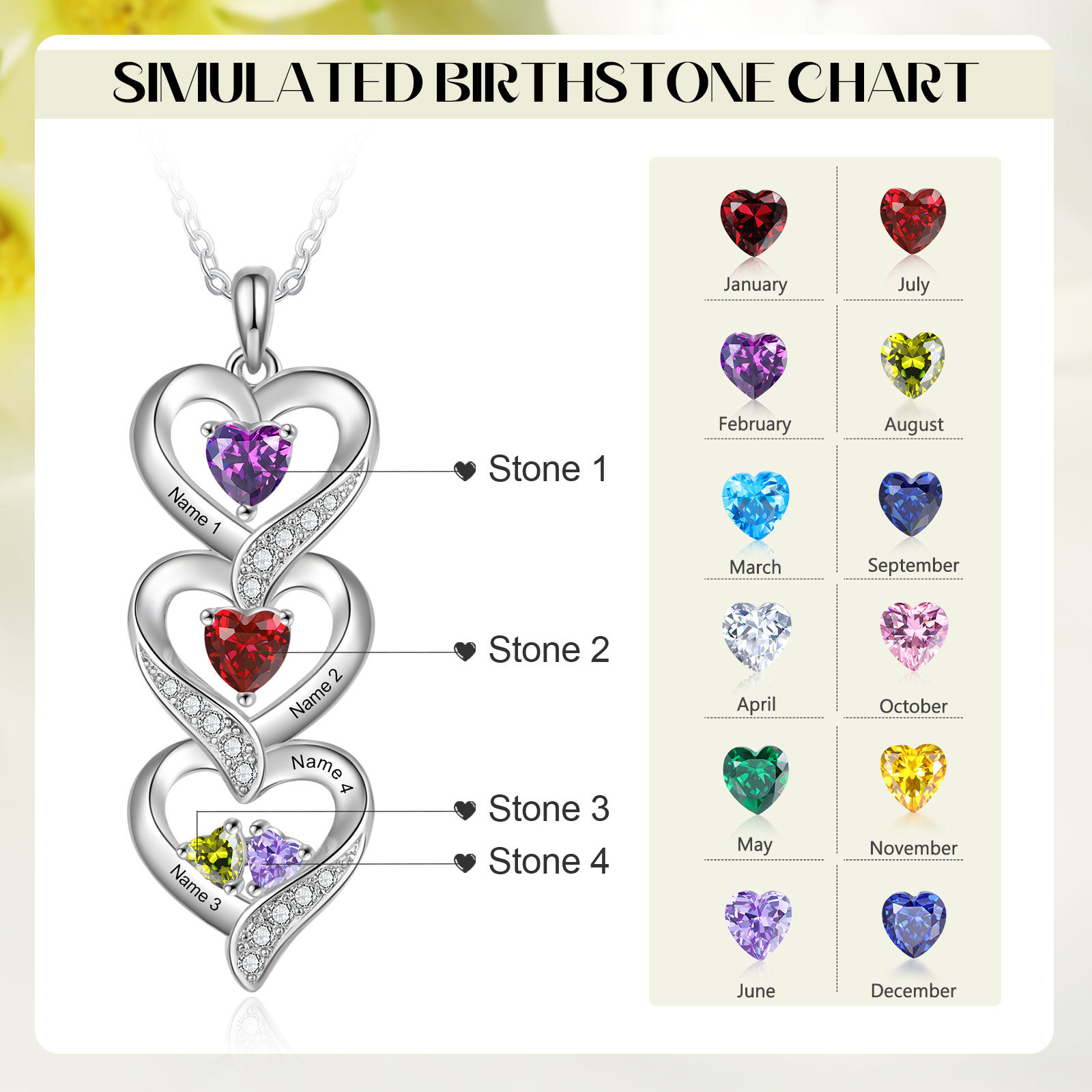 Personalized Mothers Pendant Necklace with 2-5 Heart Simulated Birthstone Custom Engraved Family Name Necklace for Women Mom Christmas