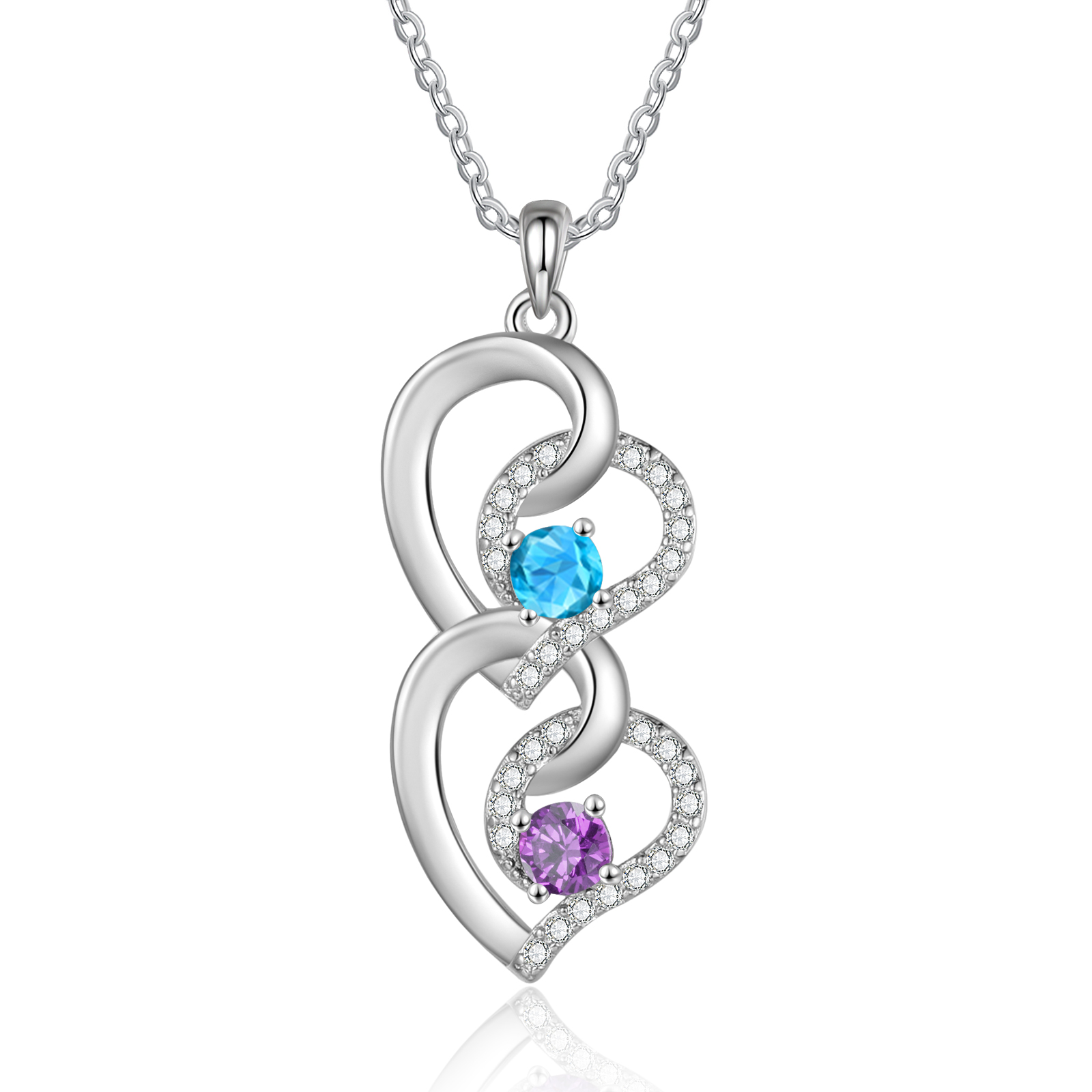 Personalized Heart-Shaped Birthstone Necklace - Custom 2 Names & 2 Birthstones Necklace Gift for Her | Lorajewel