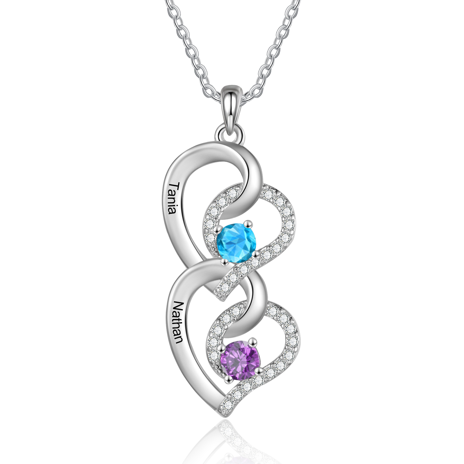 Personalized Heart-Shaped Birthstone Necklace - Custom 2 Names & 2 Birthstones Necklace Gift for Her | Lorajewel