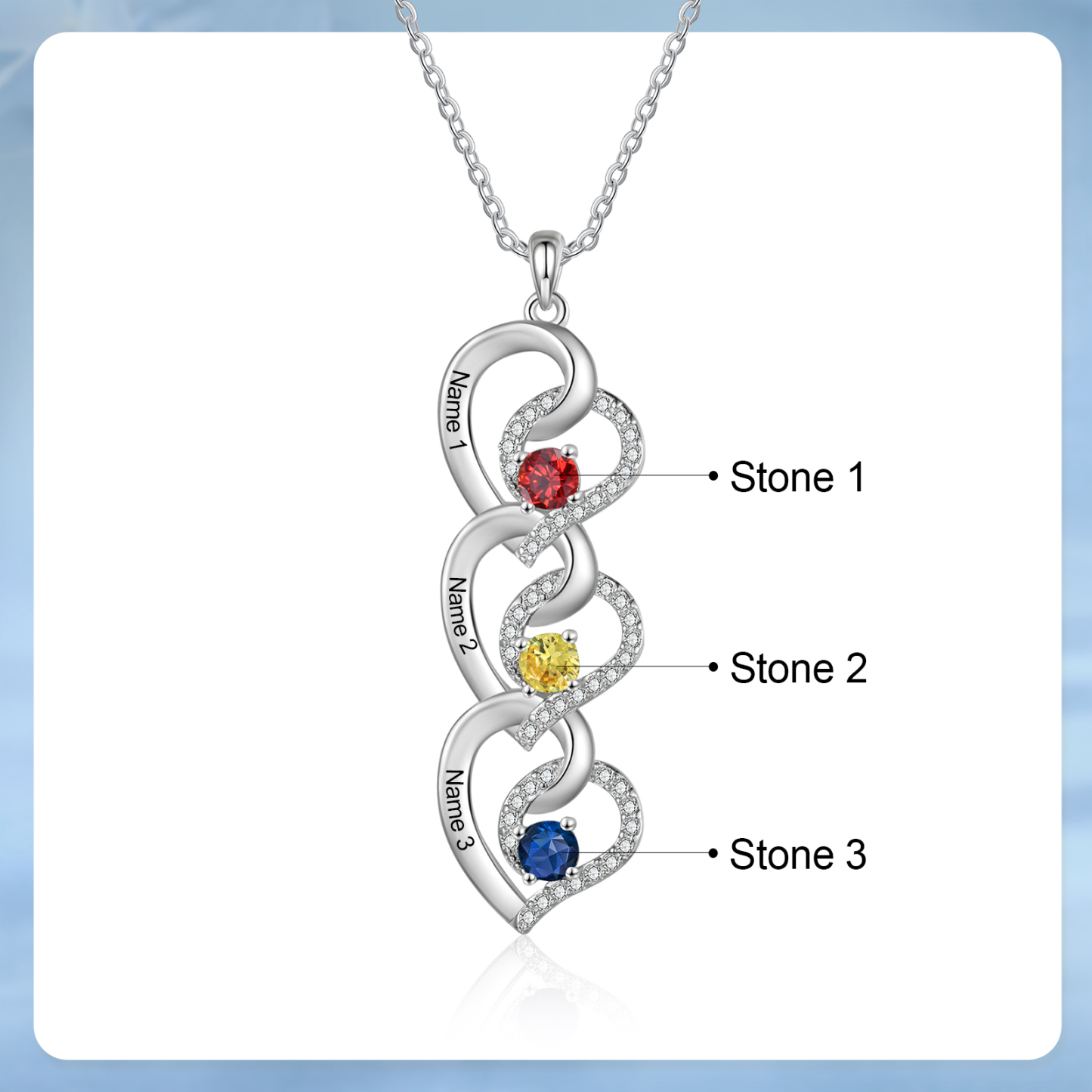 Personalized Heart-Shaped Birthstone Necklace - Custom 3 Names & 3 Birthstones Necklace Gift for Her | Lorajewel