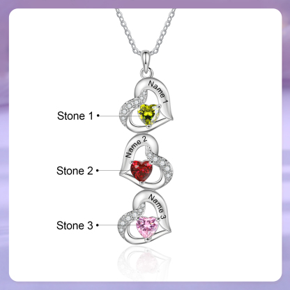 Personalized Heart-Shaped Birthstone Necklace - Custom 3 Names & 3 Birthstones Christmas Gift for Her | Lorajewel