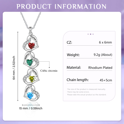 Personalized Heart-Shaped Birthstone Necklace - Custom 4 Names & 4 Birthstones Christmas Gift for Her | Lorajewel