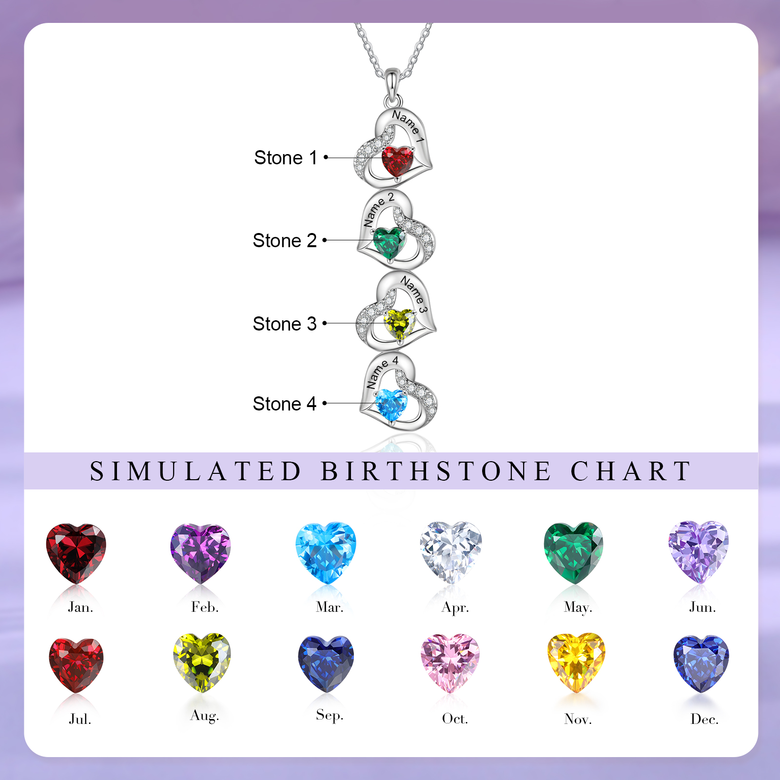 Personalized Heart-Shaped Birthstone Necklace - Custom 4 Names & 4 Birthstones Christmas Gift for Her | Lorajewel