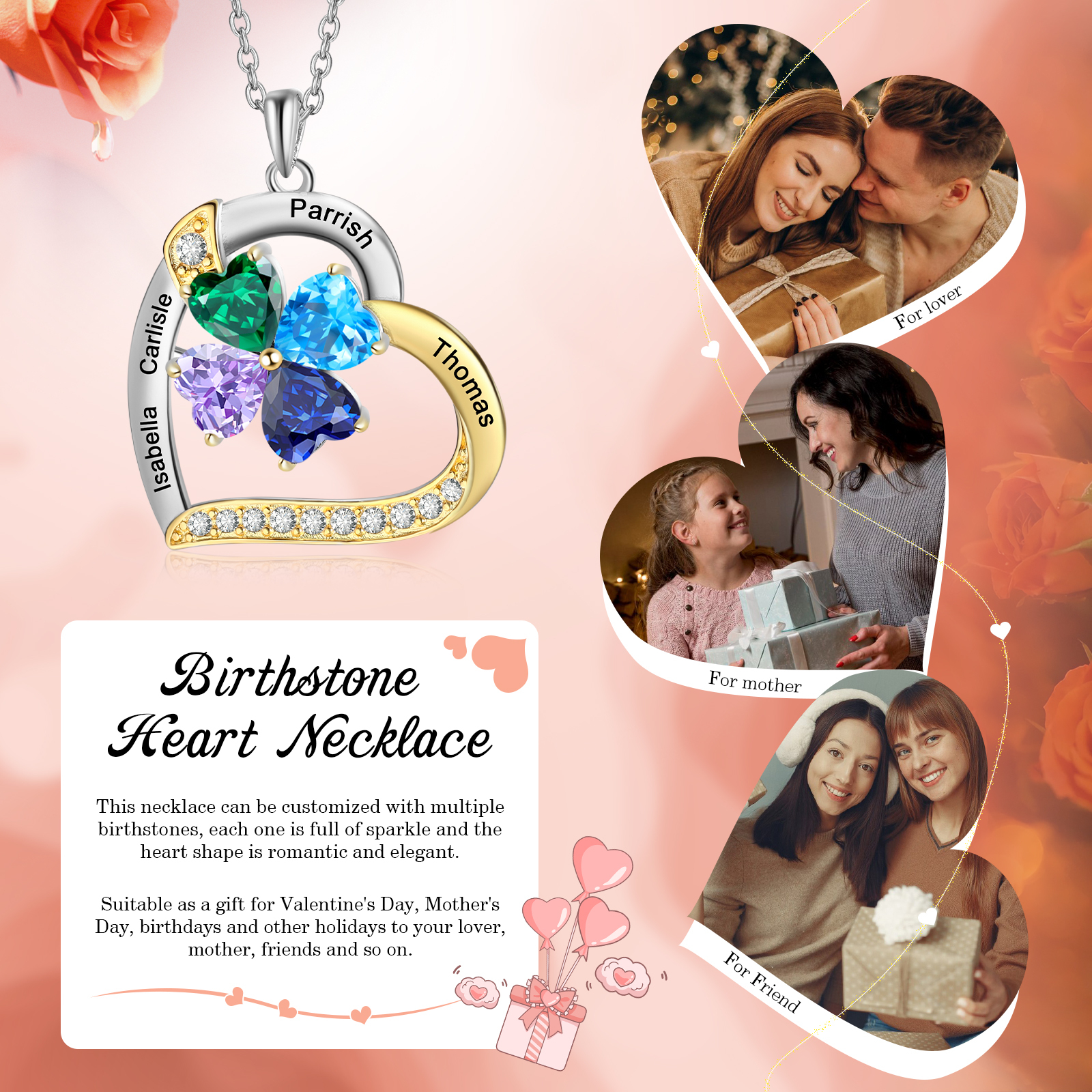 Personalized Heart Necklace with 4 Birthstones and Names – Custom Christmas Gift for Her