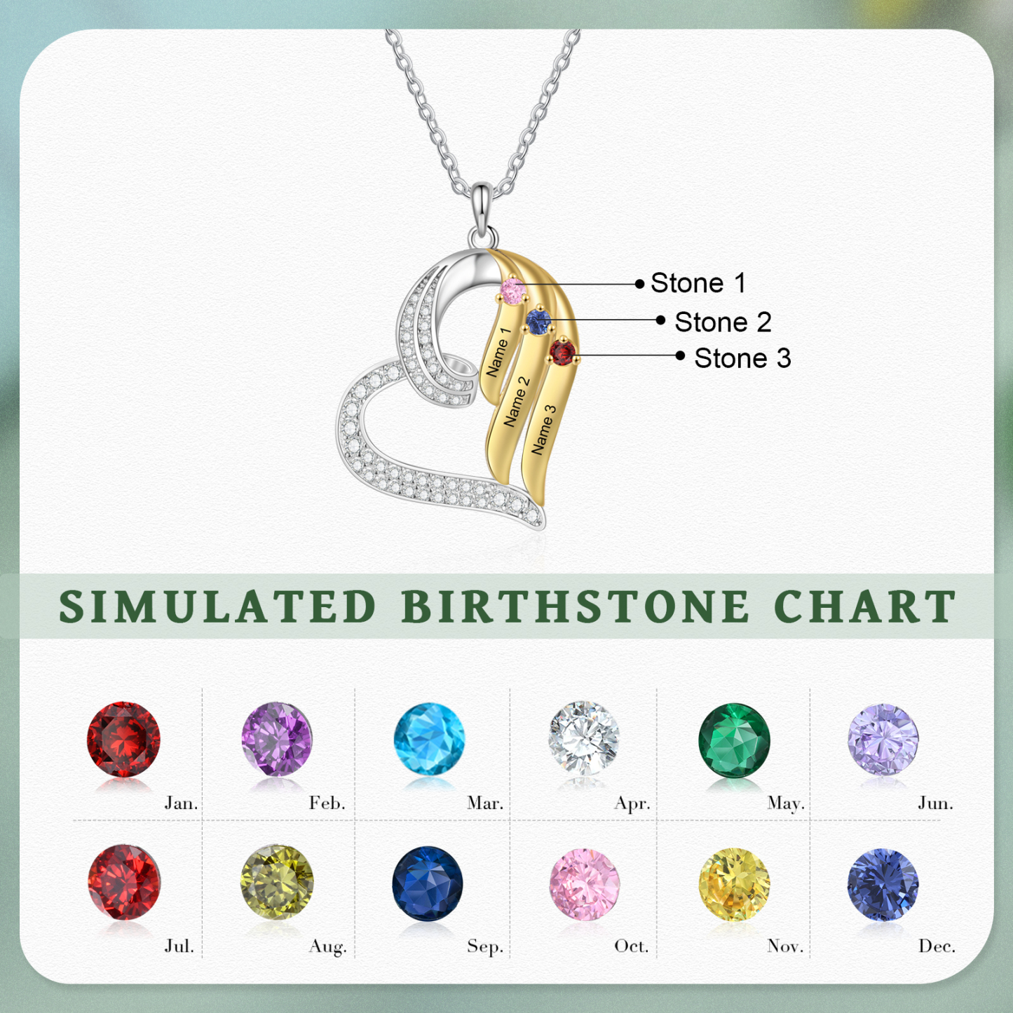  Personalized Heart Necklace Custom 3 Birthstones & Names Jewelry Ideal Christmas Gift
