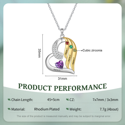Personalized Heart Necklace Custom 4 Birthstone & Name Jewelry Ideal Christmas Gift