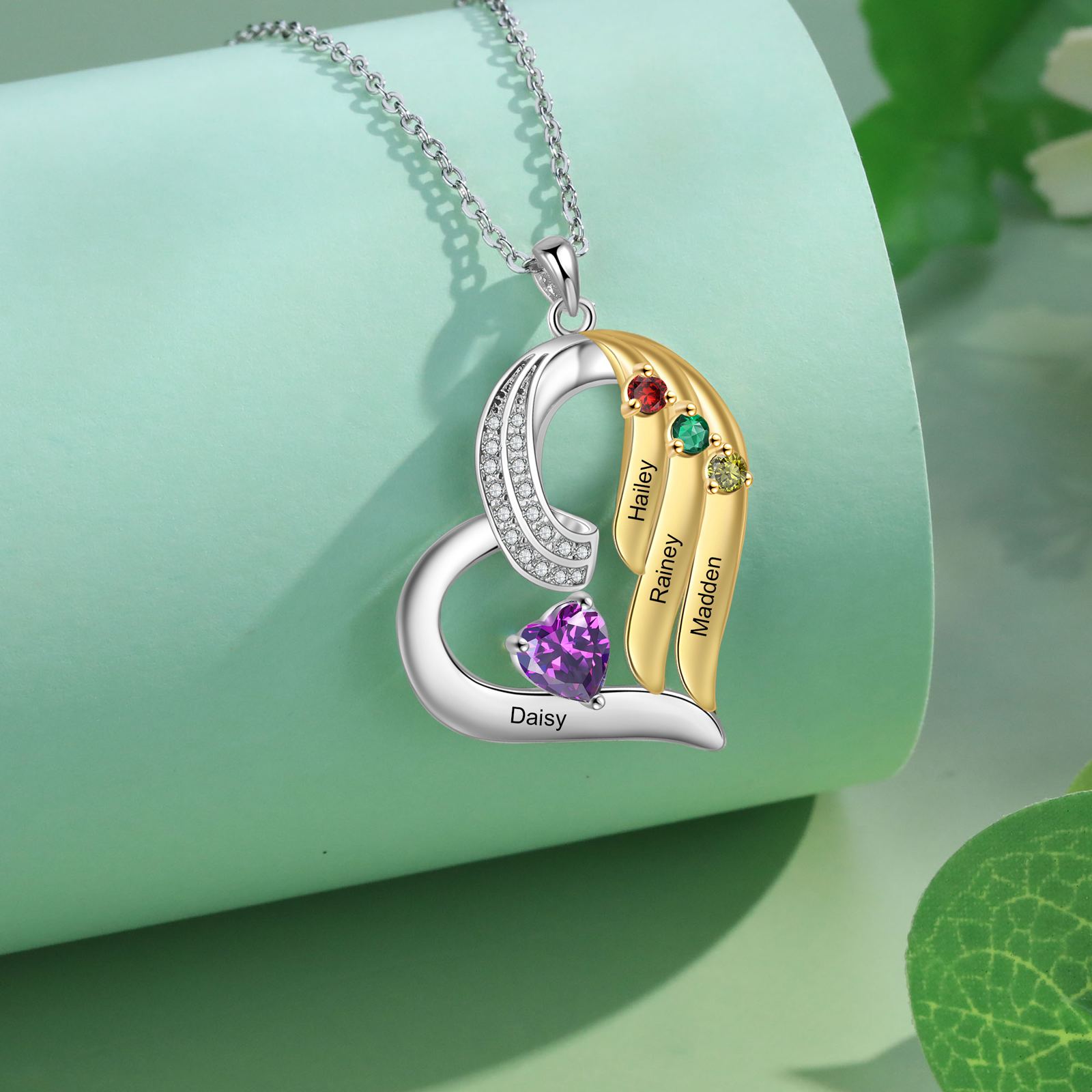 Personalized Heart Necklace Custom 4 Birthstone & Name Jewelry Ideal Christmas Gift