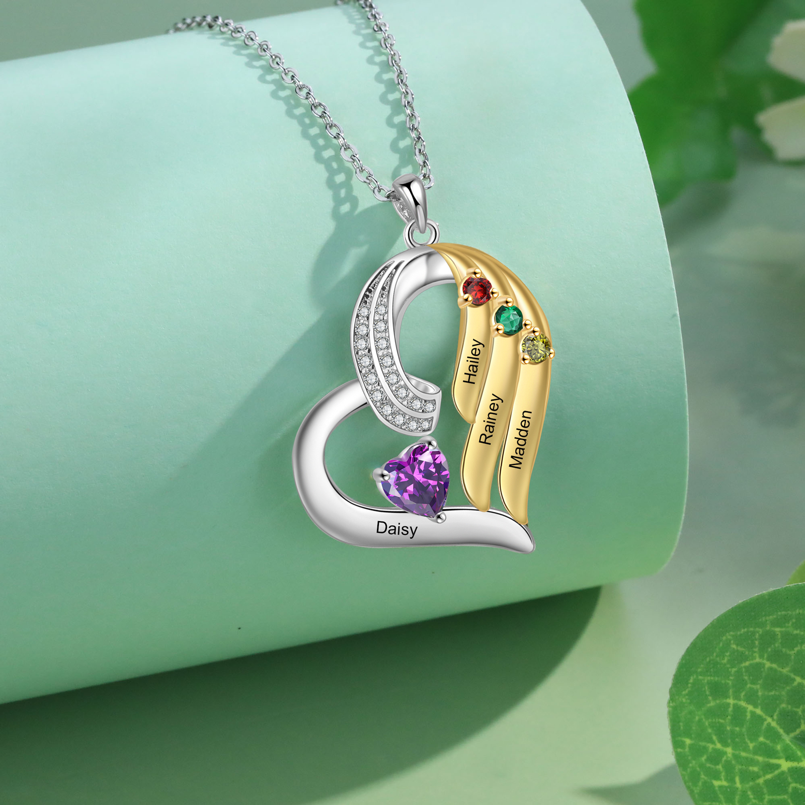 Personalized Heart Necklace Custom 4 Birthstone & Name Jewelry Ideal Christmas Gift