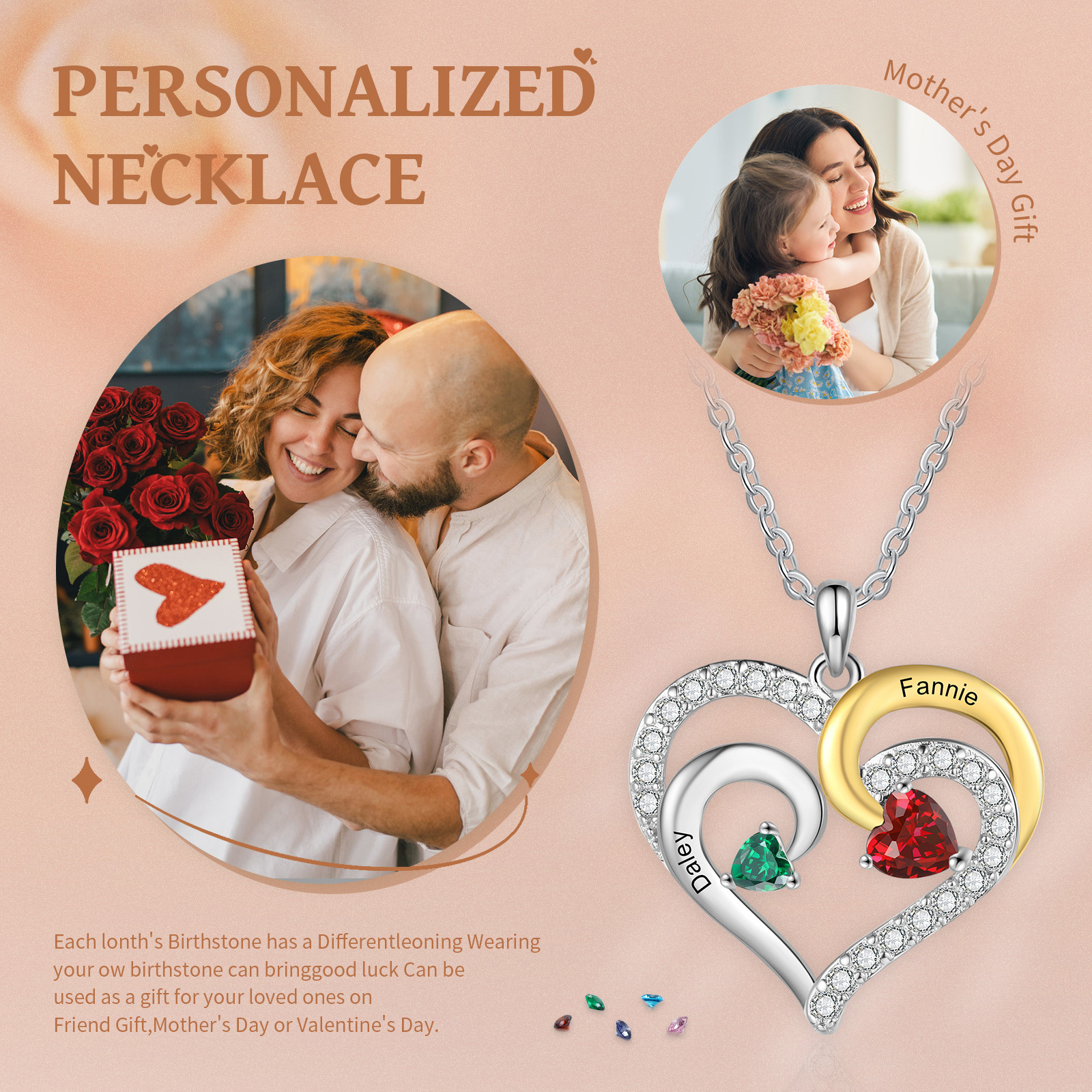 Personalized Heart Necklace – Custom 2 Birthstones and Jewelry Ideal Christmas Gift