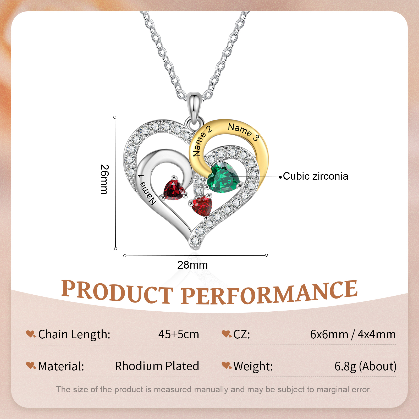 Personalized Heart Necklace Custom 3 Birthstones and Names Jewelry Ideal Christmas Gift for Her
