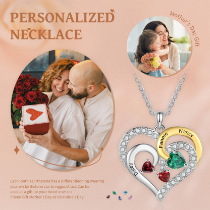 Personalized Heart Necklace Custom 3 Birthstones and Names Jewelry Ideal Christmas Gift for Her
