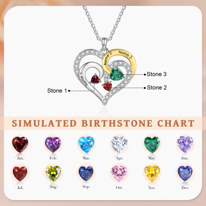 Personalized Heart Necklace Custom 3 Birthstones and Names Jewelry Ideal Christmas Gift for Her