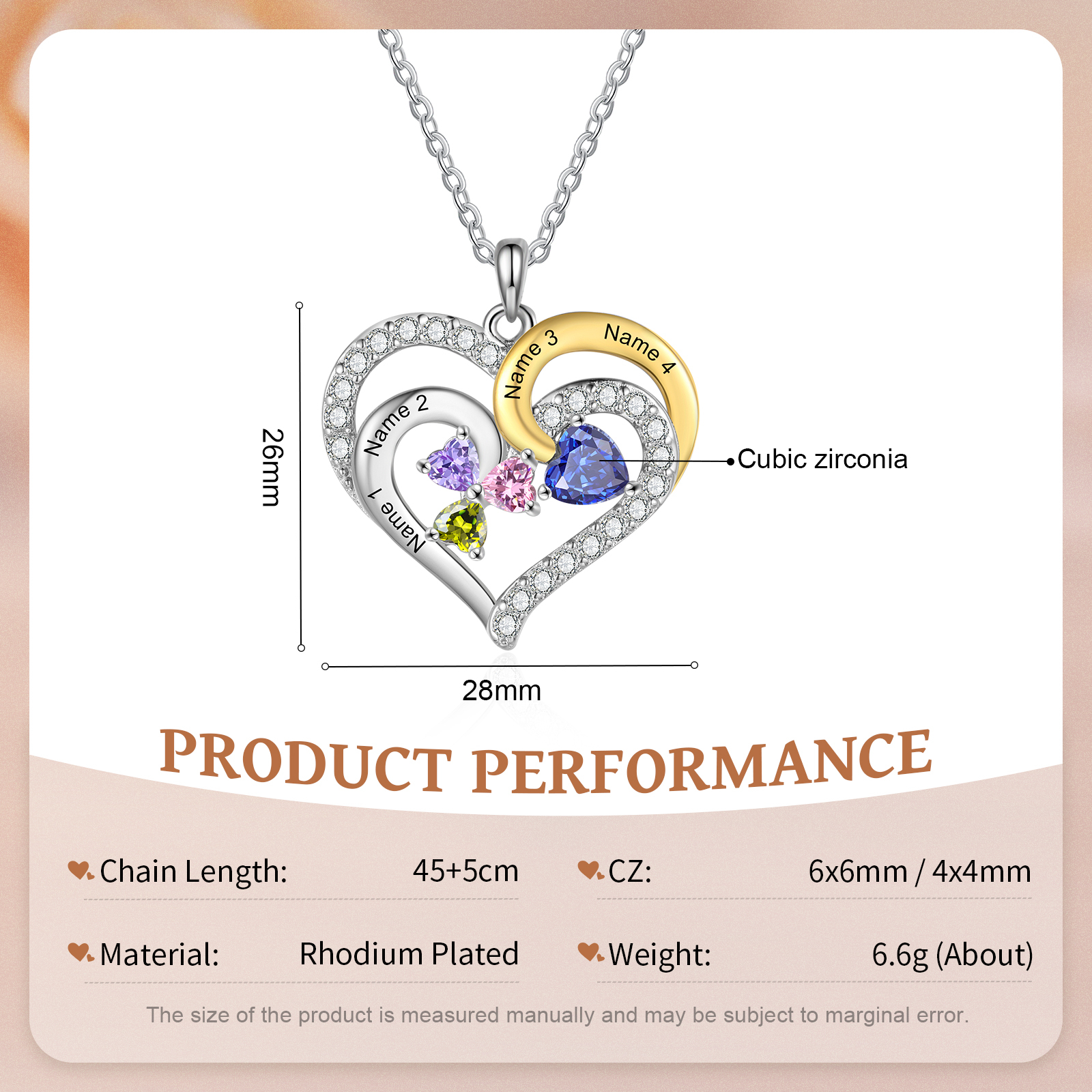 Personalized Heart Necklace Custom 4 Birthstones and Names Jewelry Ideal Christmas Gift