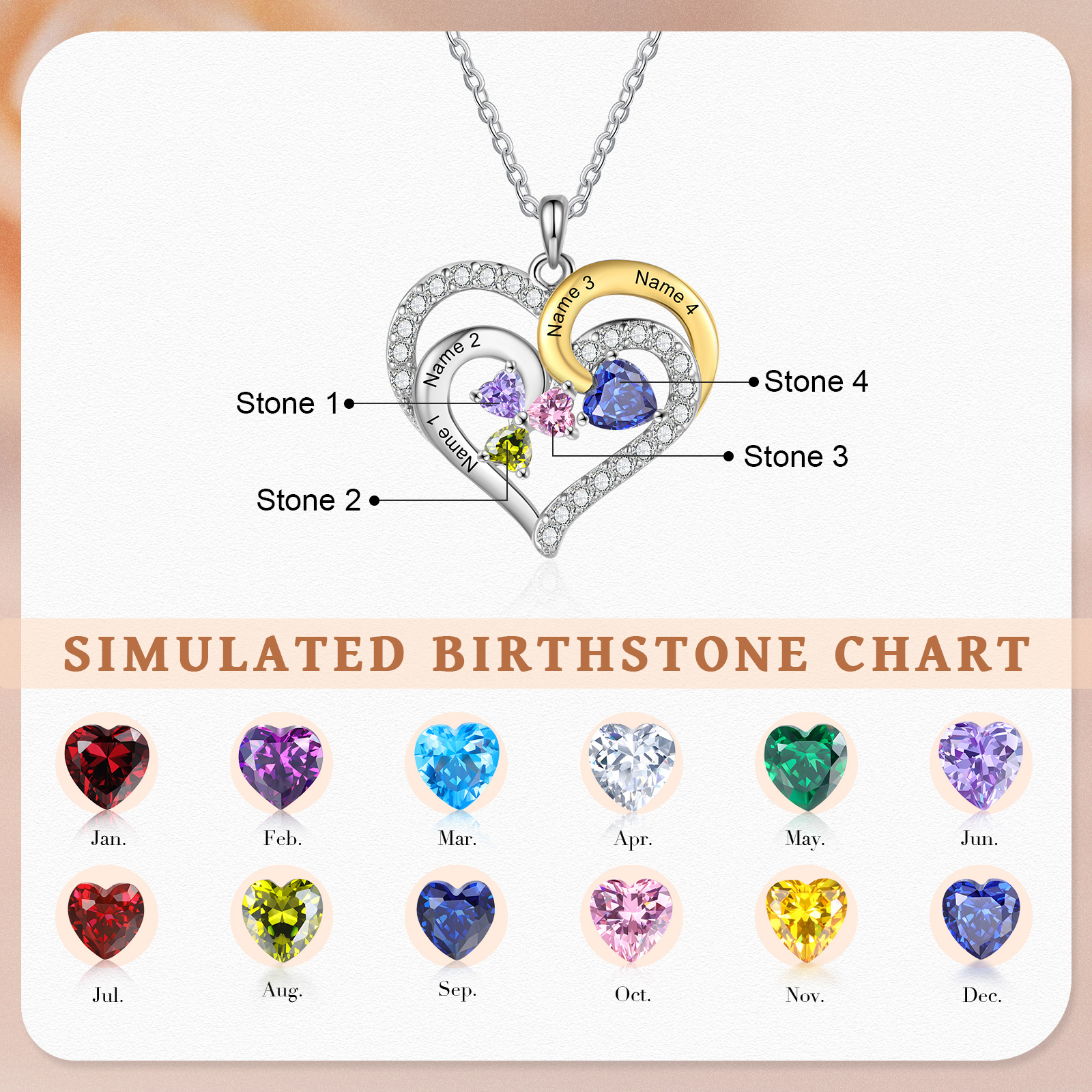 Personalized Heart Necklace Custom 4 Birthstones and Names Jewelry Ideal Christmas Gift