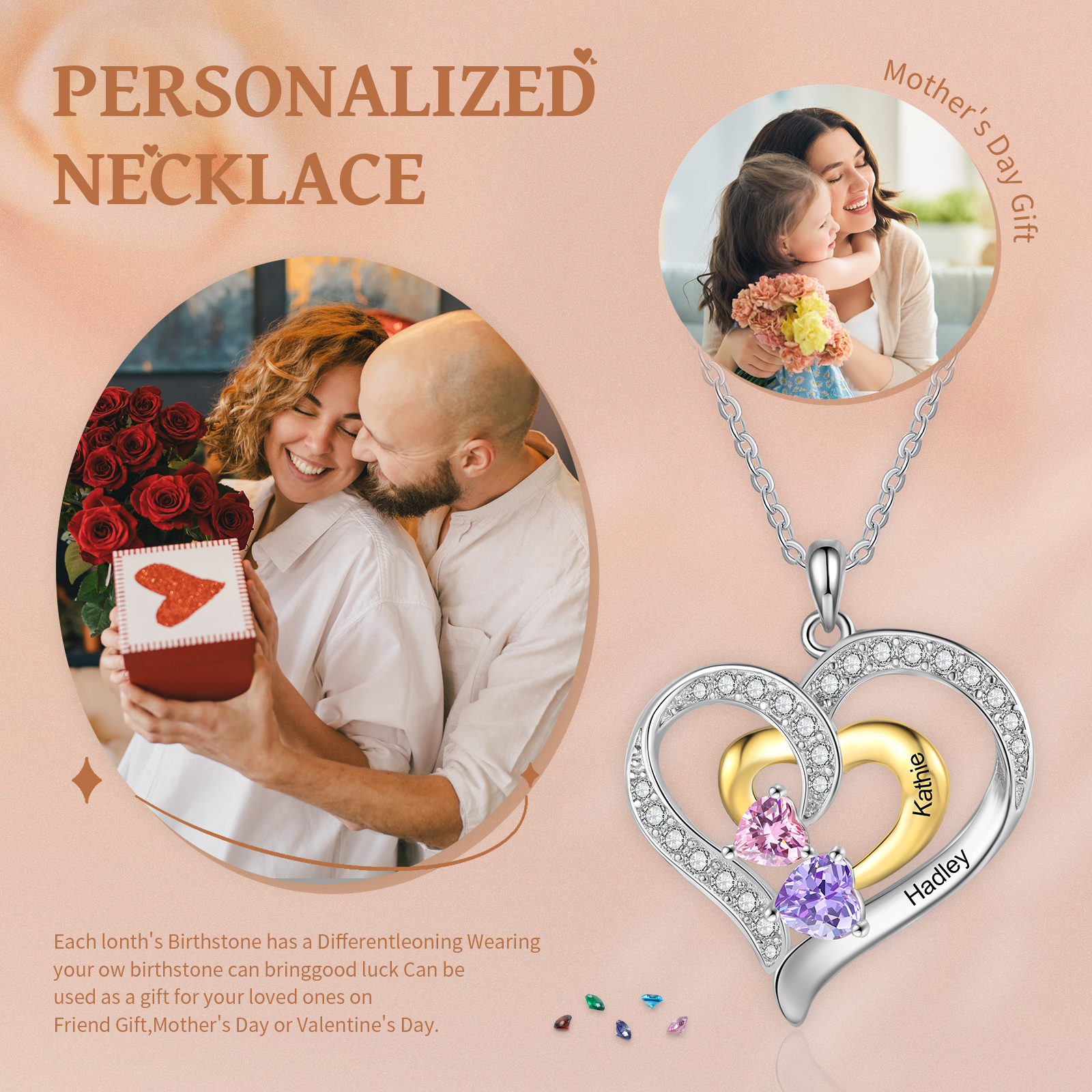Personalized Heart Necklace Custom 2 Birthstones & 2 Names Ideal Christmas Gift