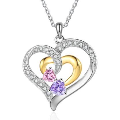 Personalized Heart Necklace Custom 2 Birthstones & 2 Names Ideal Christmas Gift