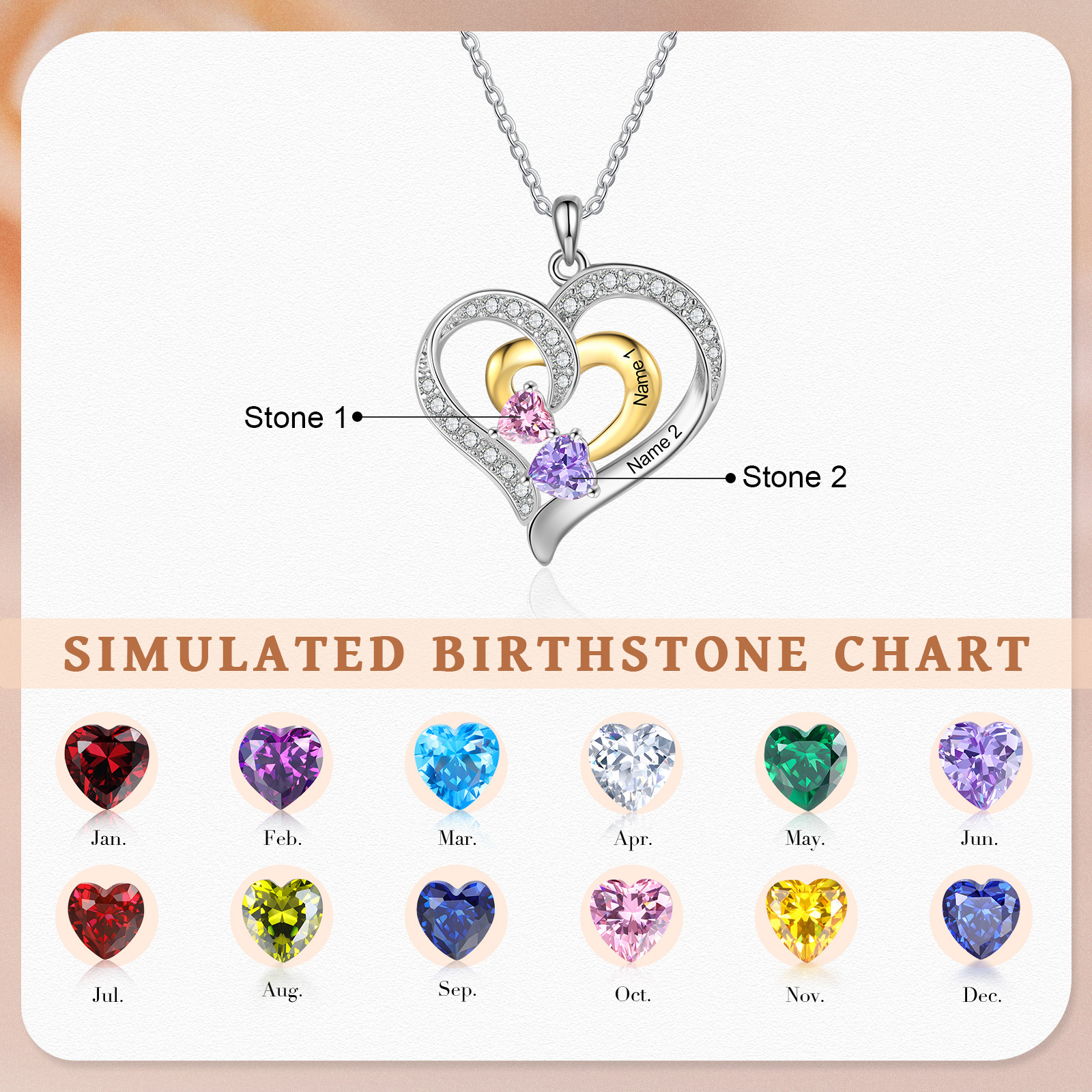 Personalized Heart Necklace Custom 2 Birthstones & 2 Names Ideal Christmas Gift