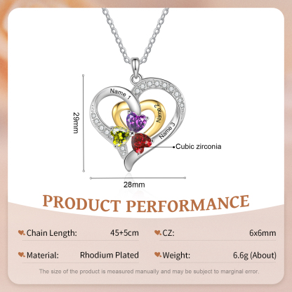 Personalized Heart Necklace Custom Birthstone Pendant with 3 Names and Birthstones Ideal Christmas Gift