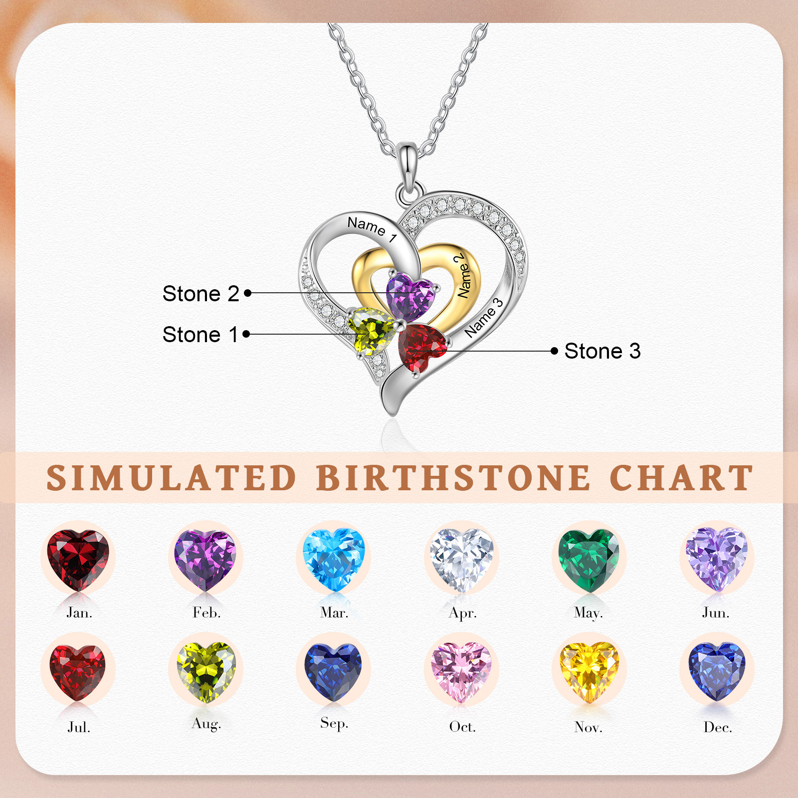 Personalized Heart Necklace Custom Birthstone Pendant with 3 Names and Birthstones Ideal Christmas Gift
