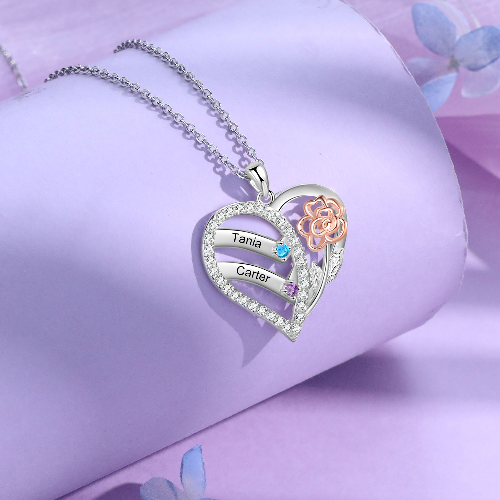 Personalized Heart & Flower Birthstone Necklace Custom 2 Family Names Mother Necklace Christmas Gift