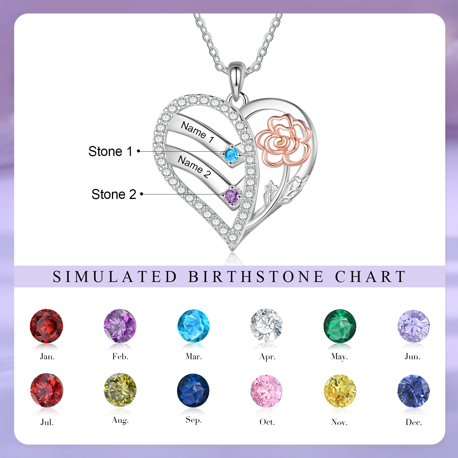 Personalized Heart & Flower Birthstone Necklace Custom 2 Family Names Mother Necklace Christmas Gift