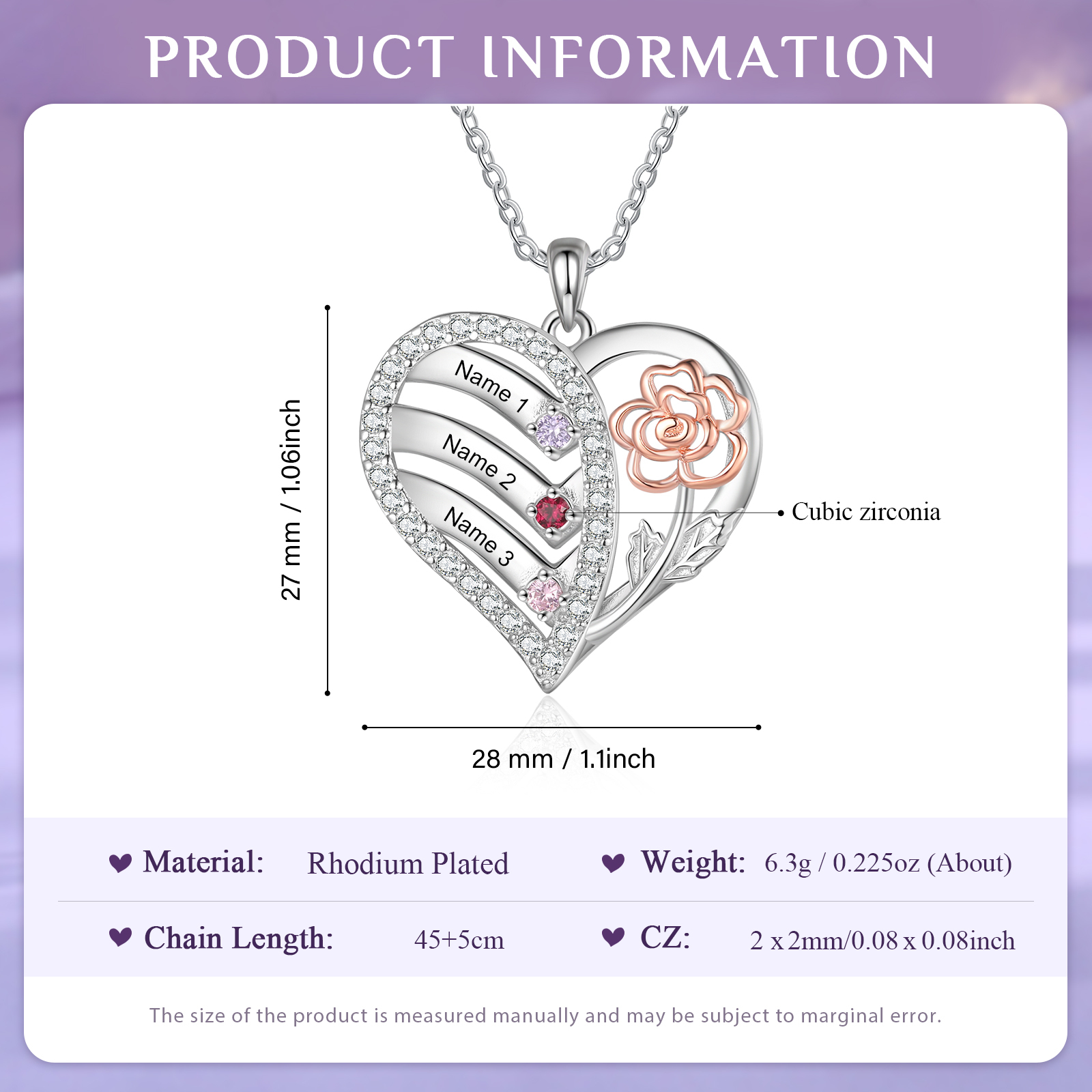 Personalized Heart & Flower Birthstone Necklace Custom 3 Family Names Mother Necklace Christmas Gift