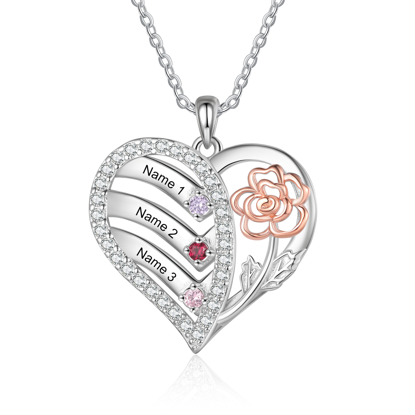 Personalized Heart & Flower Birthstone Necklace Custom 3 Family Names Mother Necklace Christmas Gift