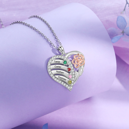 Personalized Heart & Flower Birthstone Necklace Custom 4 Family Names Mother Necklace Christmas Gift