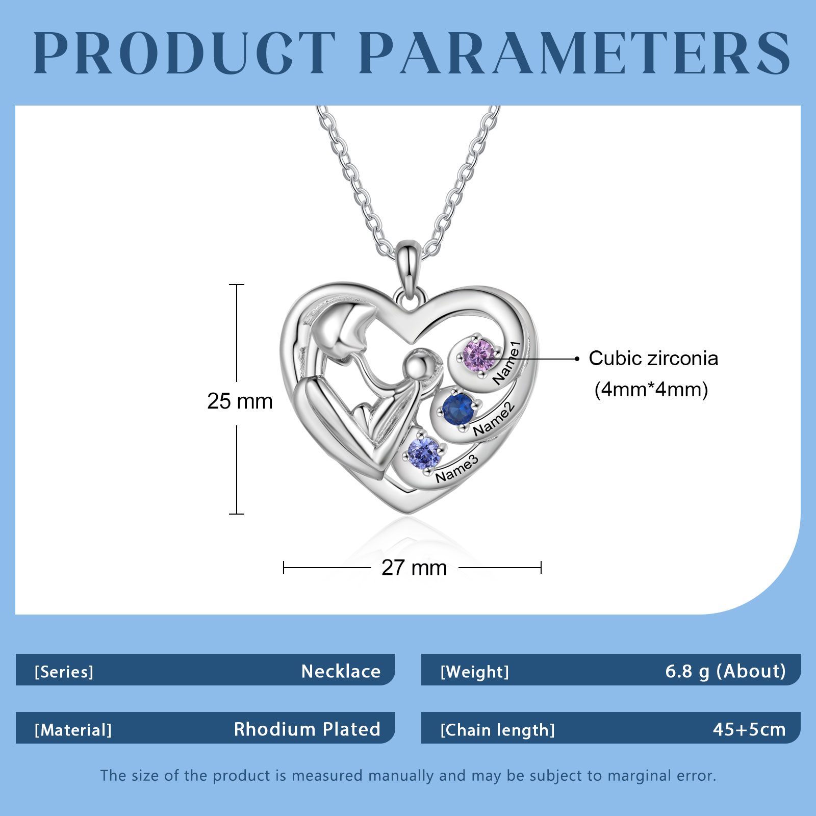 Personalized Heart Necklace  Custom 3 Birthstones and Names Perfect Christmas Gift
