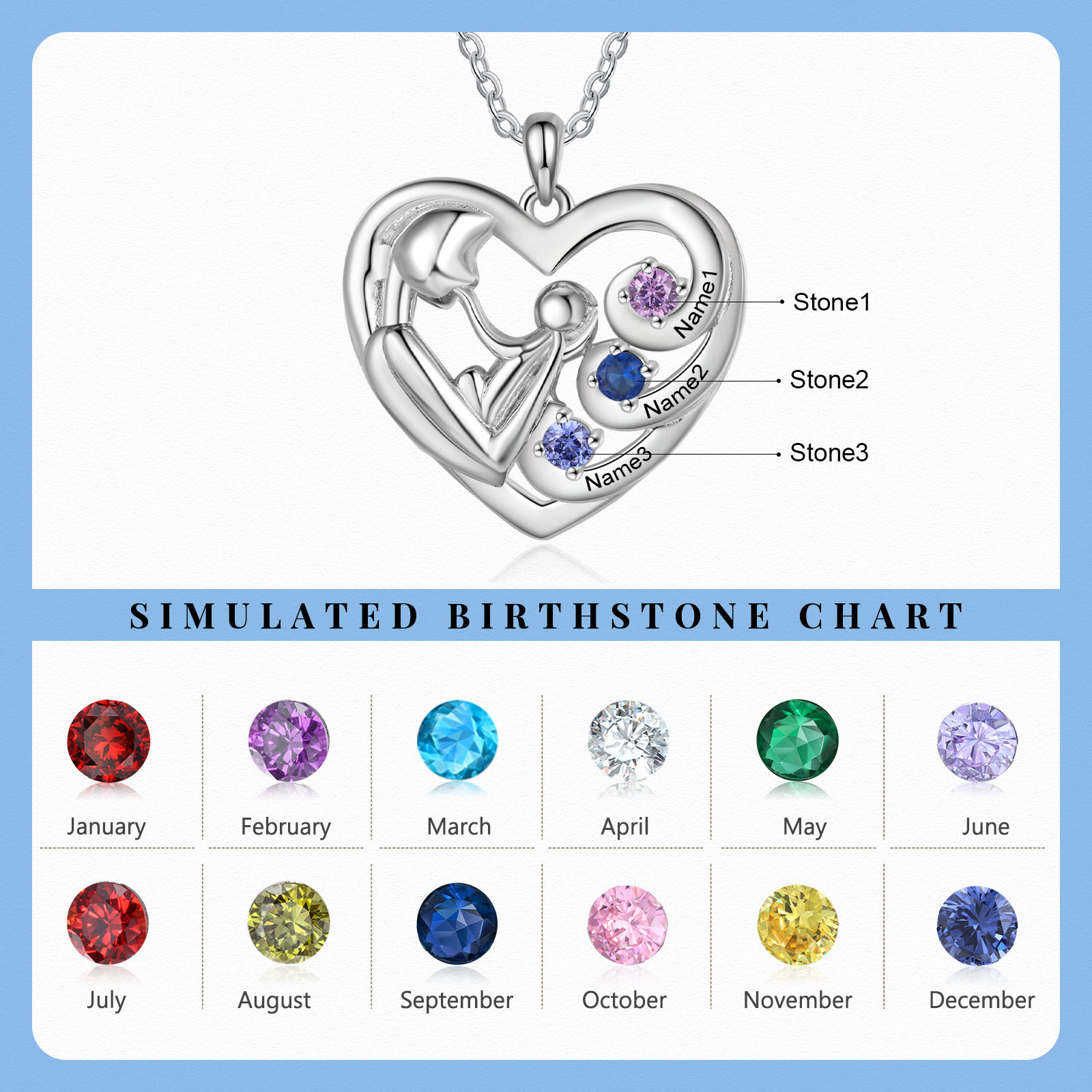 Personalized Heart Necklace  Custom 3 Birthstones and Names Perfect Christmas Gift