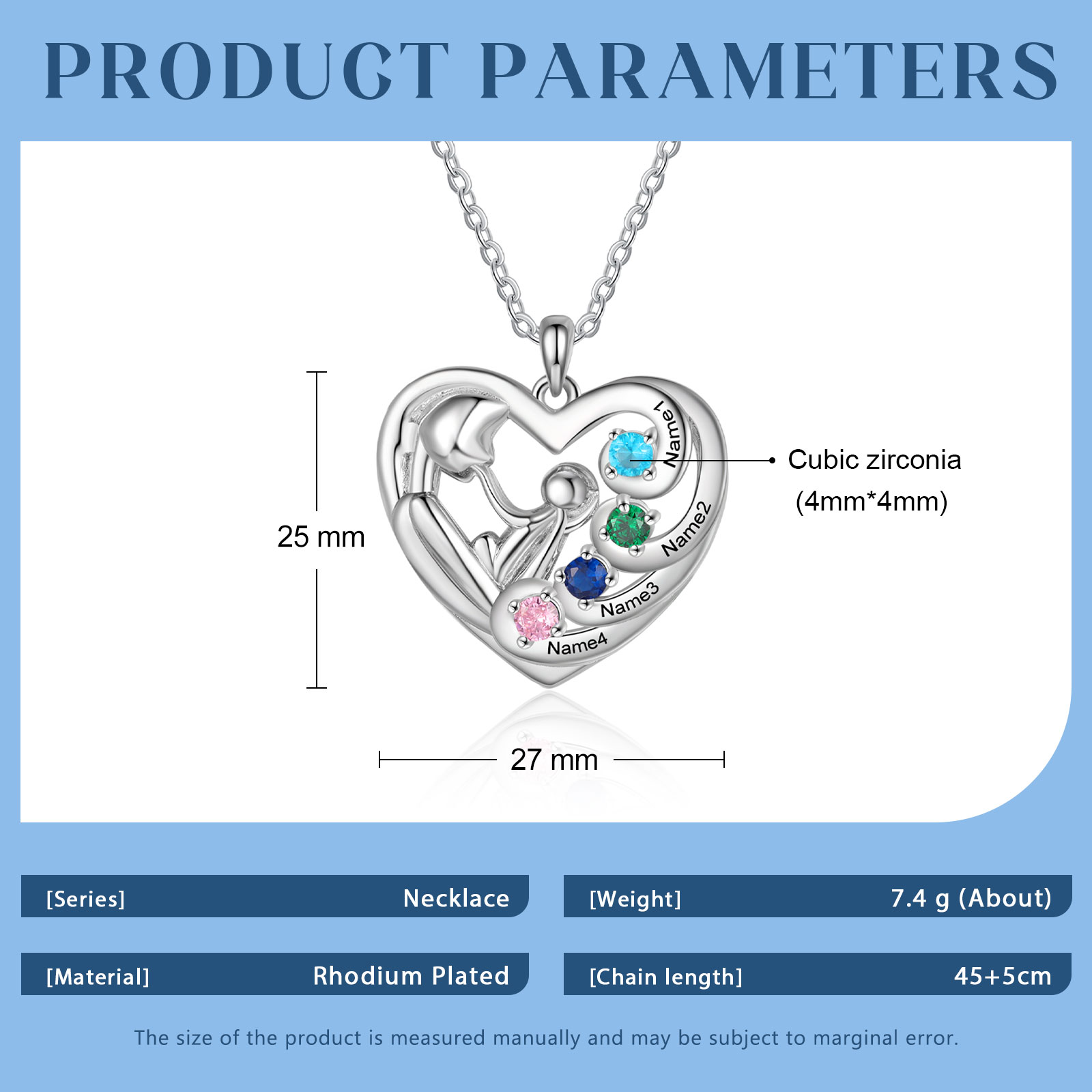 Personalized Heart Necklace Custom 4 Birthstones and Names Pendant Ideal Christmas Gift