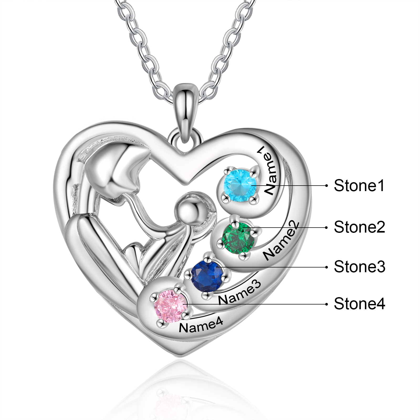 Personalized Heart Necklace Custom 4 Birthstones and Names Pendant Ideal Christmas Gift