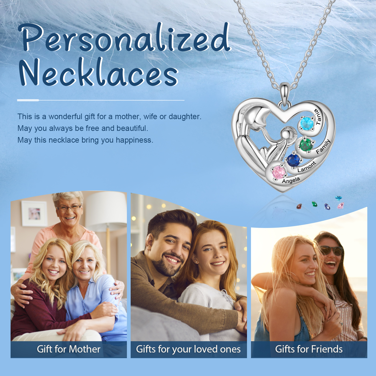 Personalized Heart Necklace Custom 4 Birthstones and Names Pendant Ideal Christmas Gift