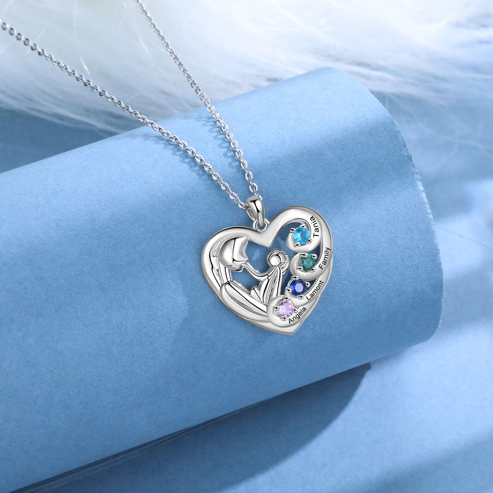 Personalized Heart Necklace Custom 4 Birthstones and Names Pendant Ideal Christmas Gift