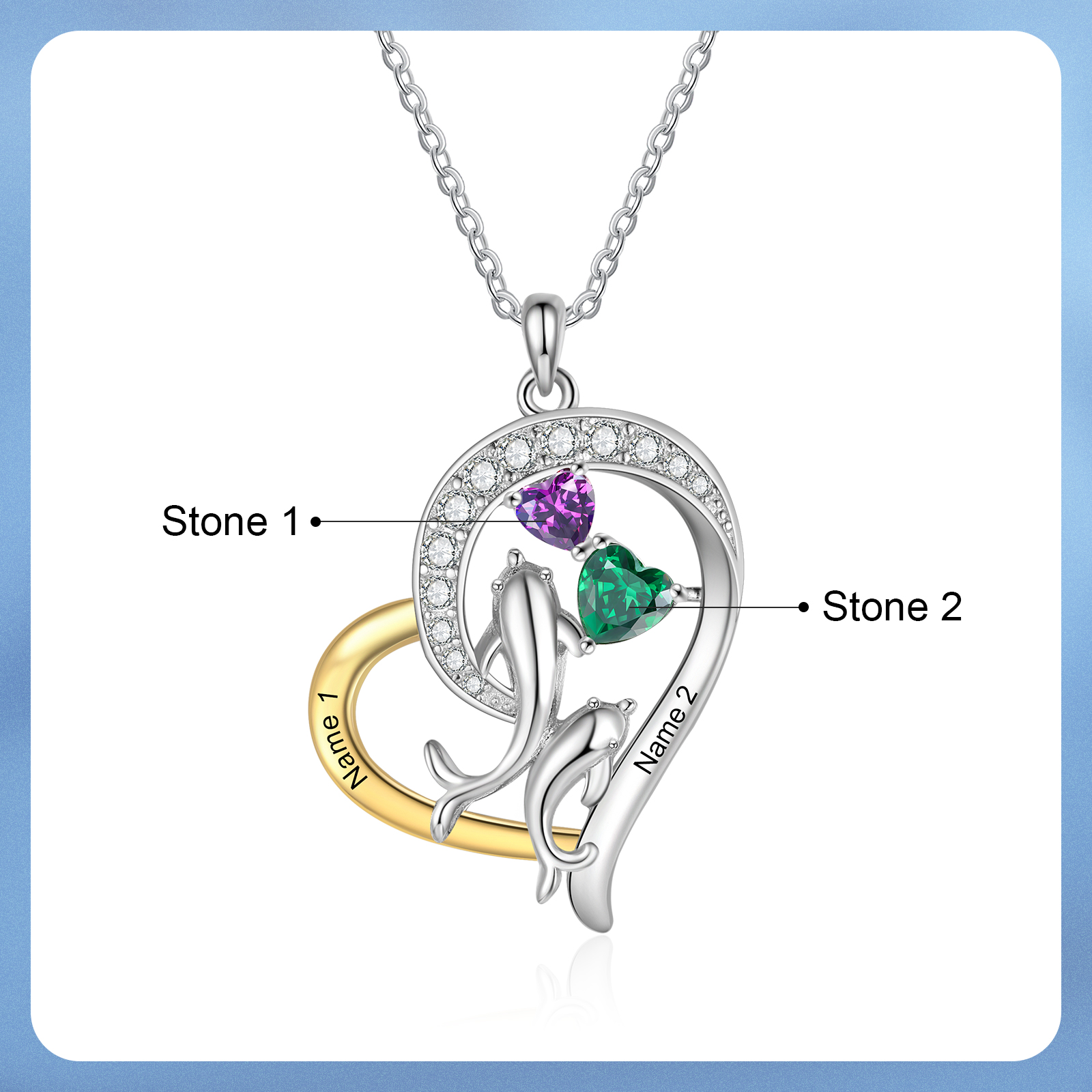 Personalized Dolphin Heart Necklace Custom 2 Birthstones and Names Pendant, Ideal Christmas Gift