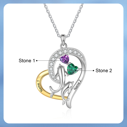 Personalized Dolphin Heart Necklace Custom 2 Birthstones and Names Pendant, Ideal Christmas Gift
